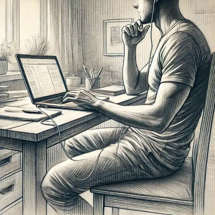 A person sitting at a desk, working on a laptop while wearing earphones, focused on their tasks in a comfortable workspace.