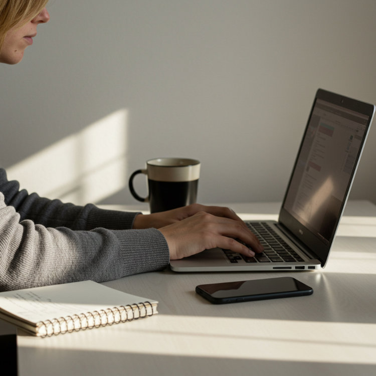person writing helpful online content on a laptop with notes and coffee, focused on building trust and guiding potential customers toward choosing a service