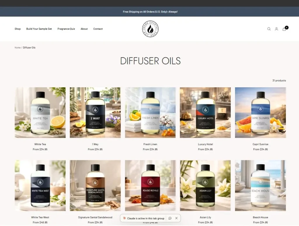 Aroma Country diffuser oil collection featuring top-rated scents including White Tea, White Tea West, Luxury Hotel, 1 Way, and Asian Lily